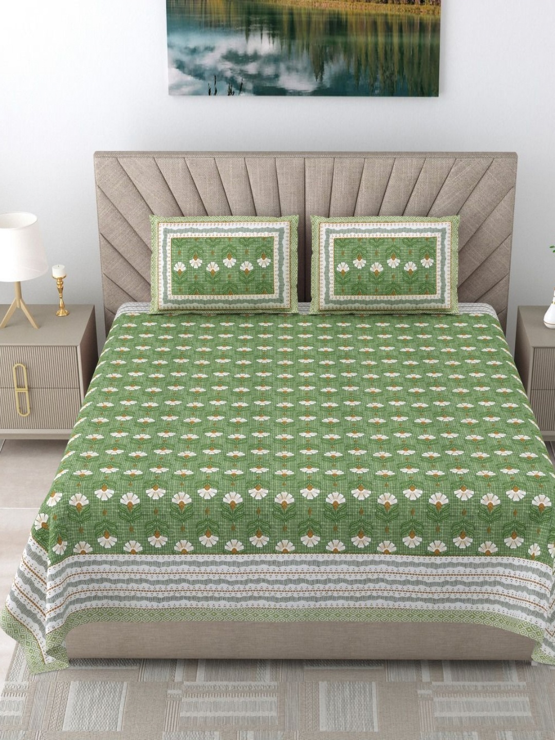 

SHOOLIN Olive Green Ethnic Printed 160 TC Cotton Super King Bedsheet & 2 Pillow Covers