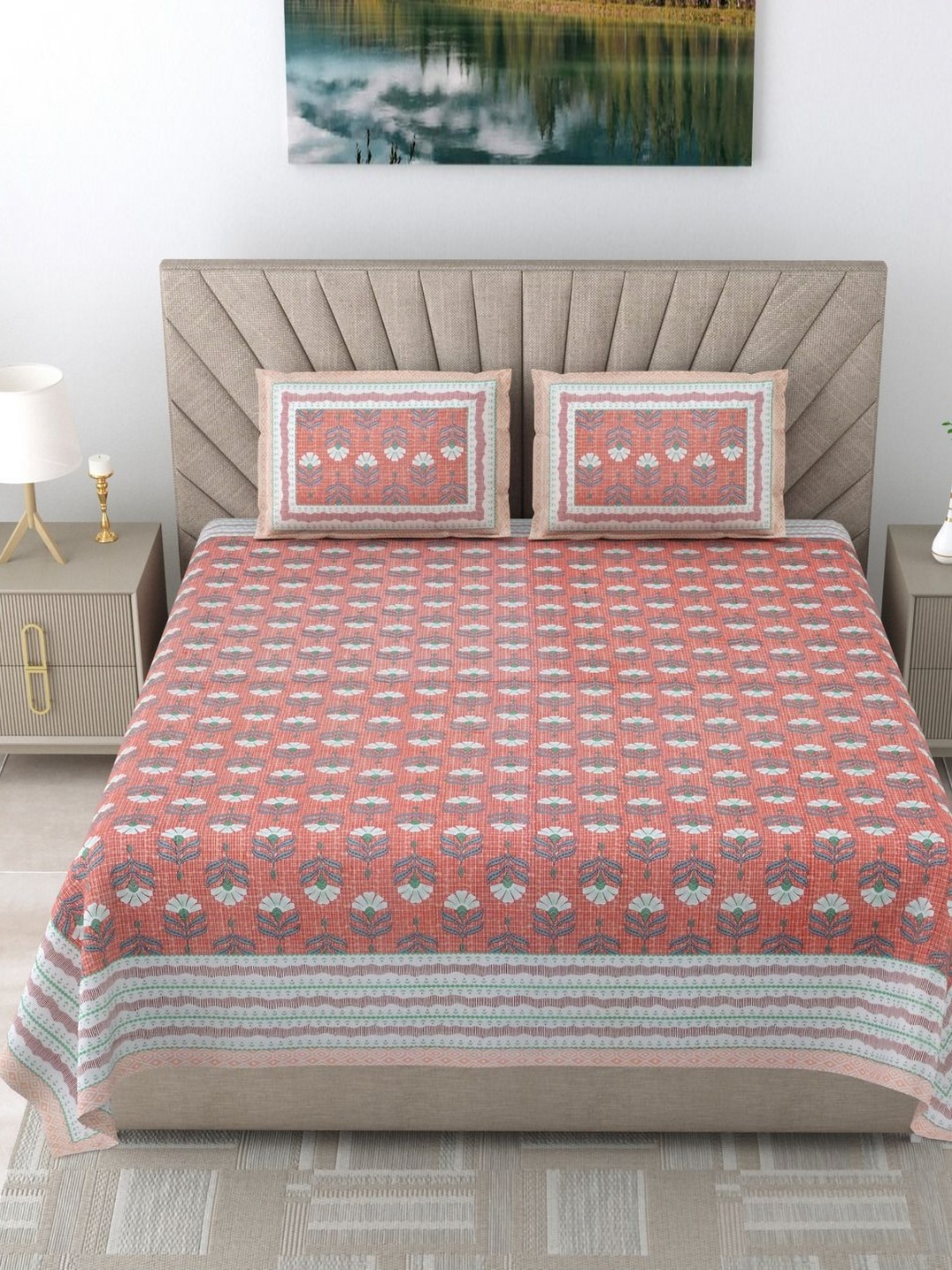 

SHOOLIN Coral Ethnic Motifs Printed 160 TC Cotton Super King Bedsheet & 2 Pillow Covers