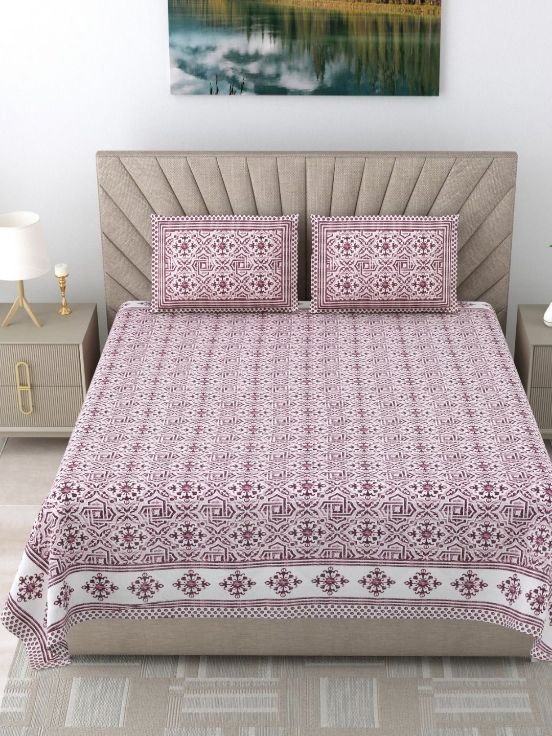 

SHOOLIN Magenta Ethnic Motifs Printed 160 TC Cotton Super King Bedsheet & 2 Pillow Covers