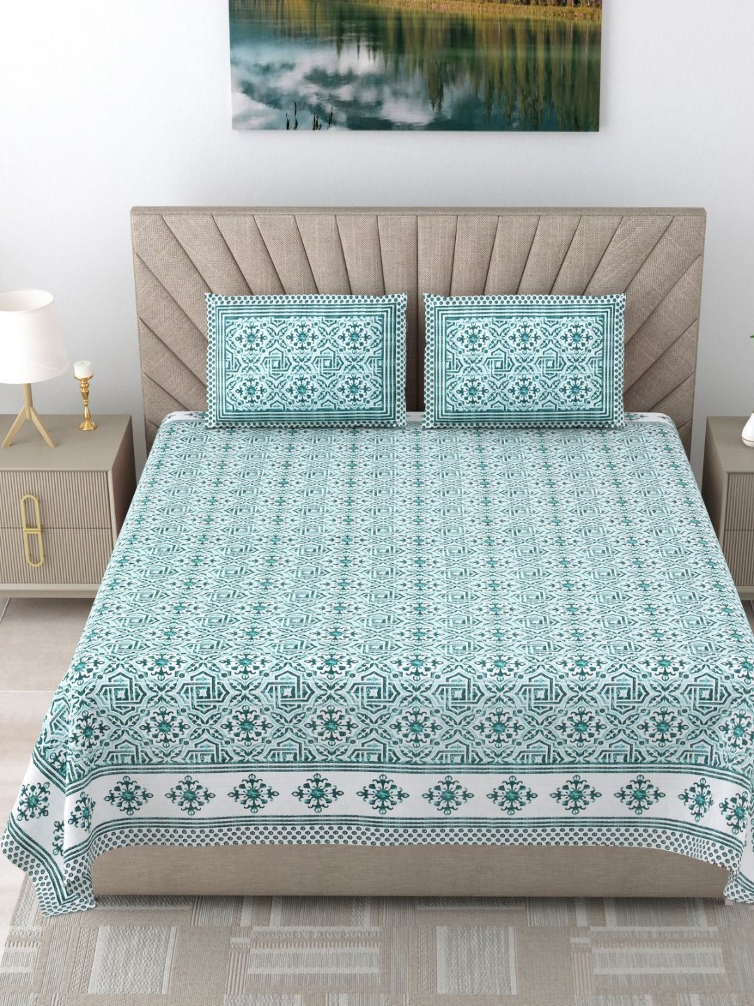 

SHOOLIN Sea Green Ethnic Printed 160 TC Cotton Super King Bedsheet & 2 Pillow Covers