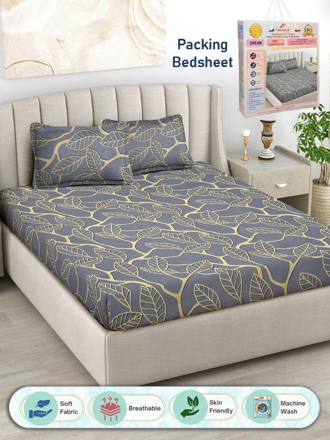 

FABINALIV Grey & Beige Floral 300 TC King Bedsheet with 2 Pillow Covers