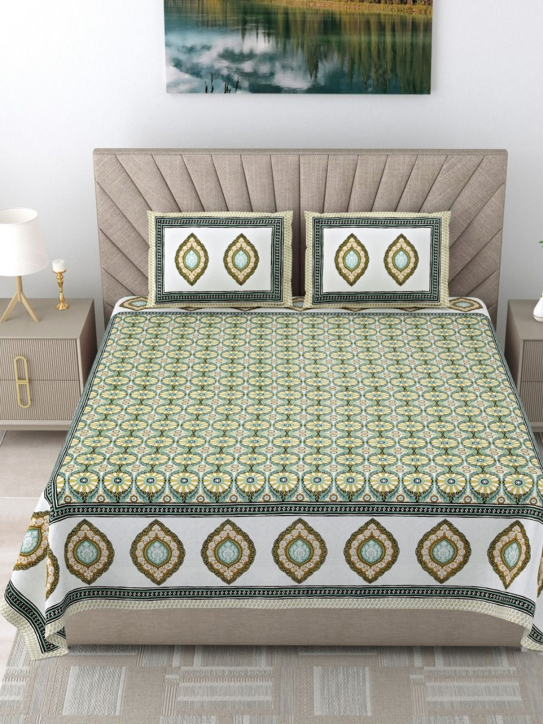 

SHOOLIN Green Ethnic Motifs Printed 160 TC Cotton Super King Bedsheet & 2 Pillow Covers