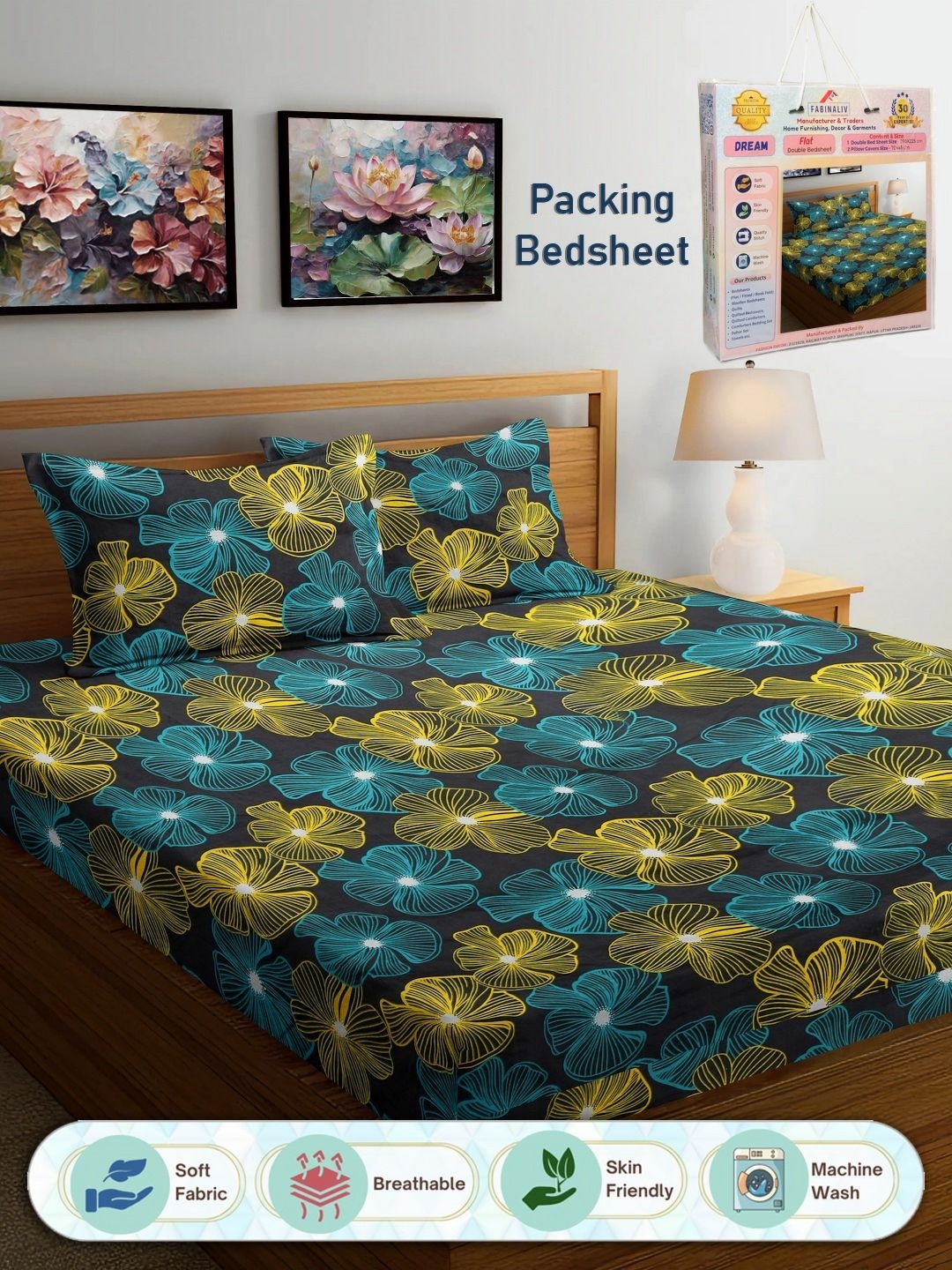 

FABINALIV Grey & Yellow Floral 300 TC King Bedsheet with 2 Pillow Covers