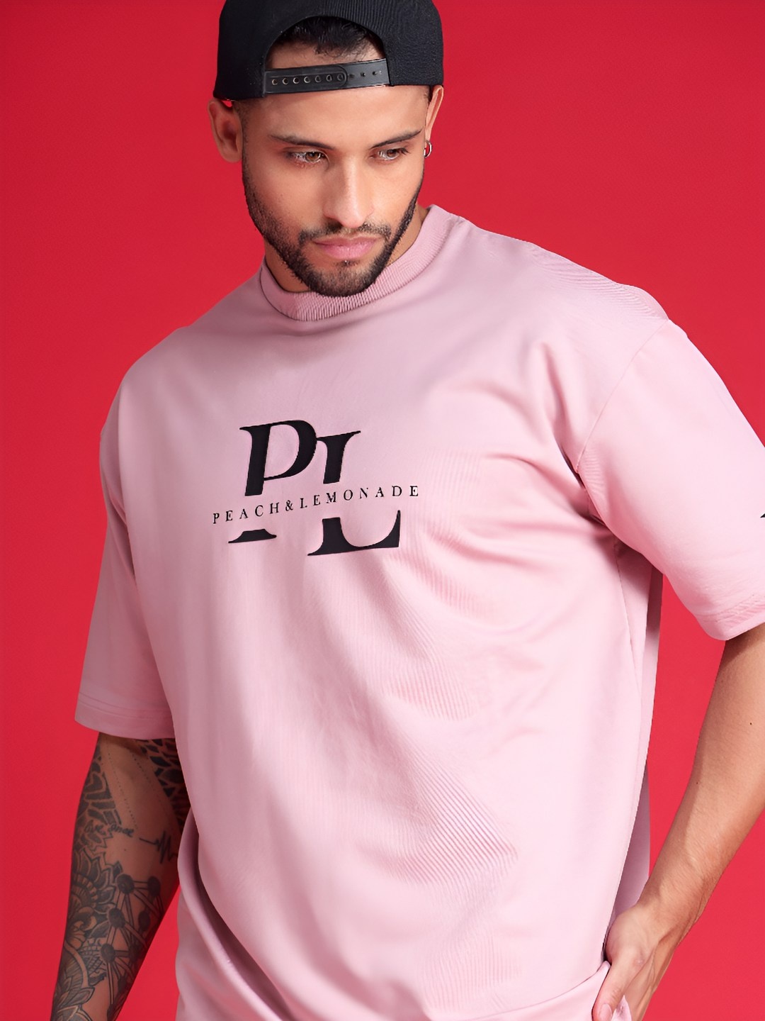 

Peach & Lemonade Men Typography Printed Round Neck Cotton Oversized T-Shirt, Pink