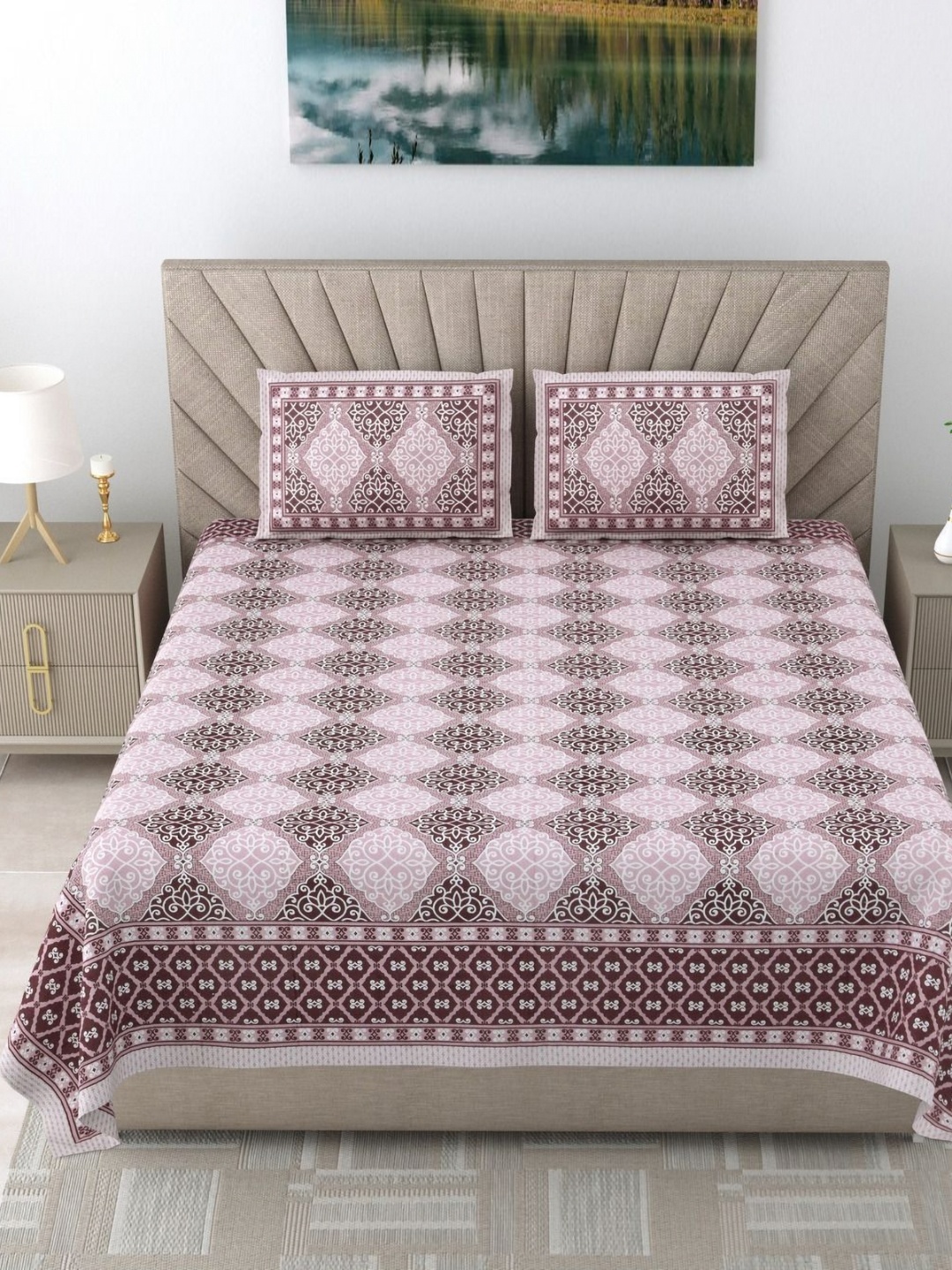 

SHOOLIN Lavender Ethnic Motifs Printed 160 TC Cotton Super King Bedsheet & 2 Pillow Covers