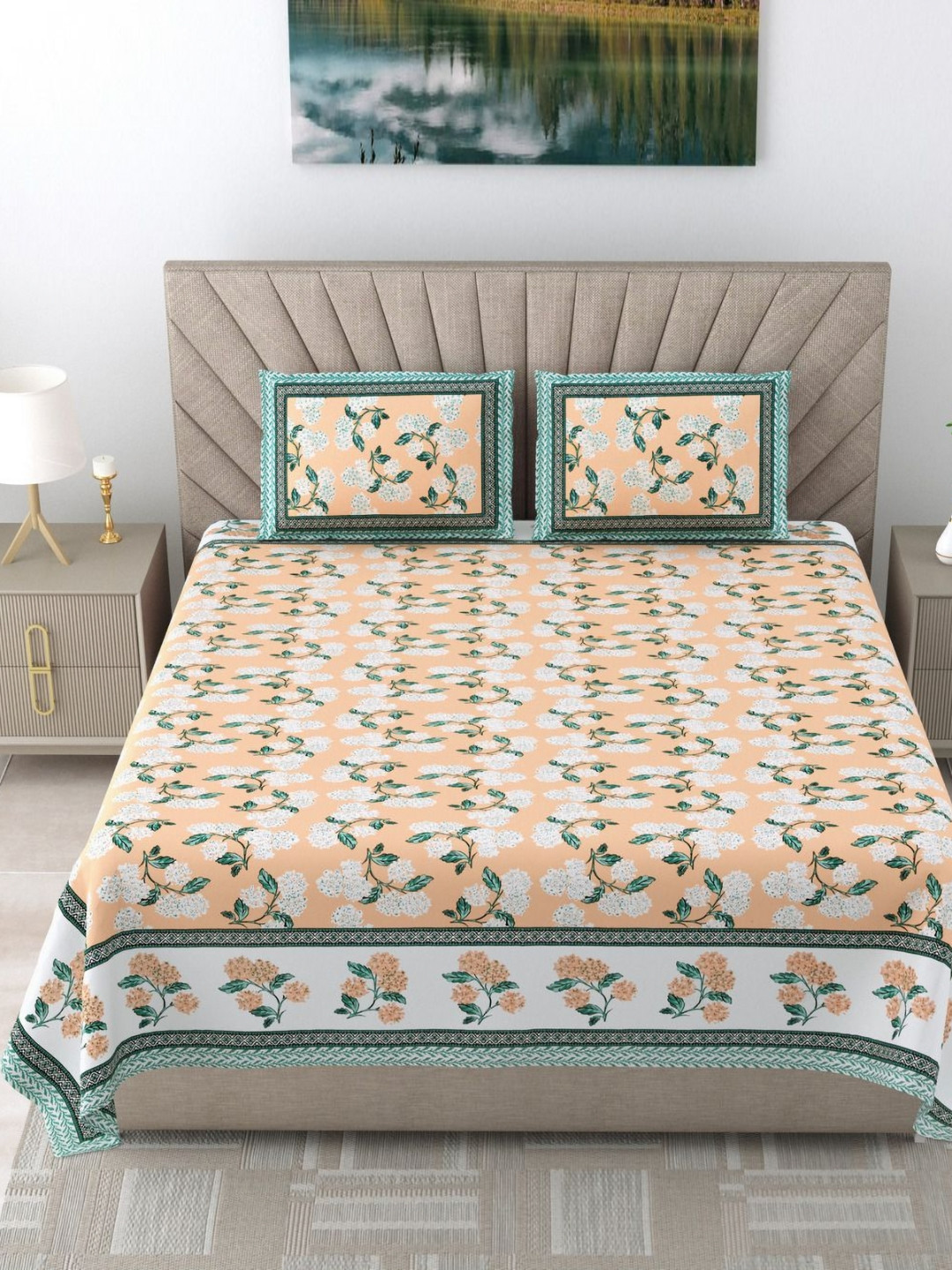 

SHOOLIN Orange Ethnic Motifs Printed 160 TC Cotton Super King Bedsheet & 2 Pillow Covers