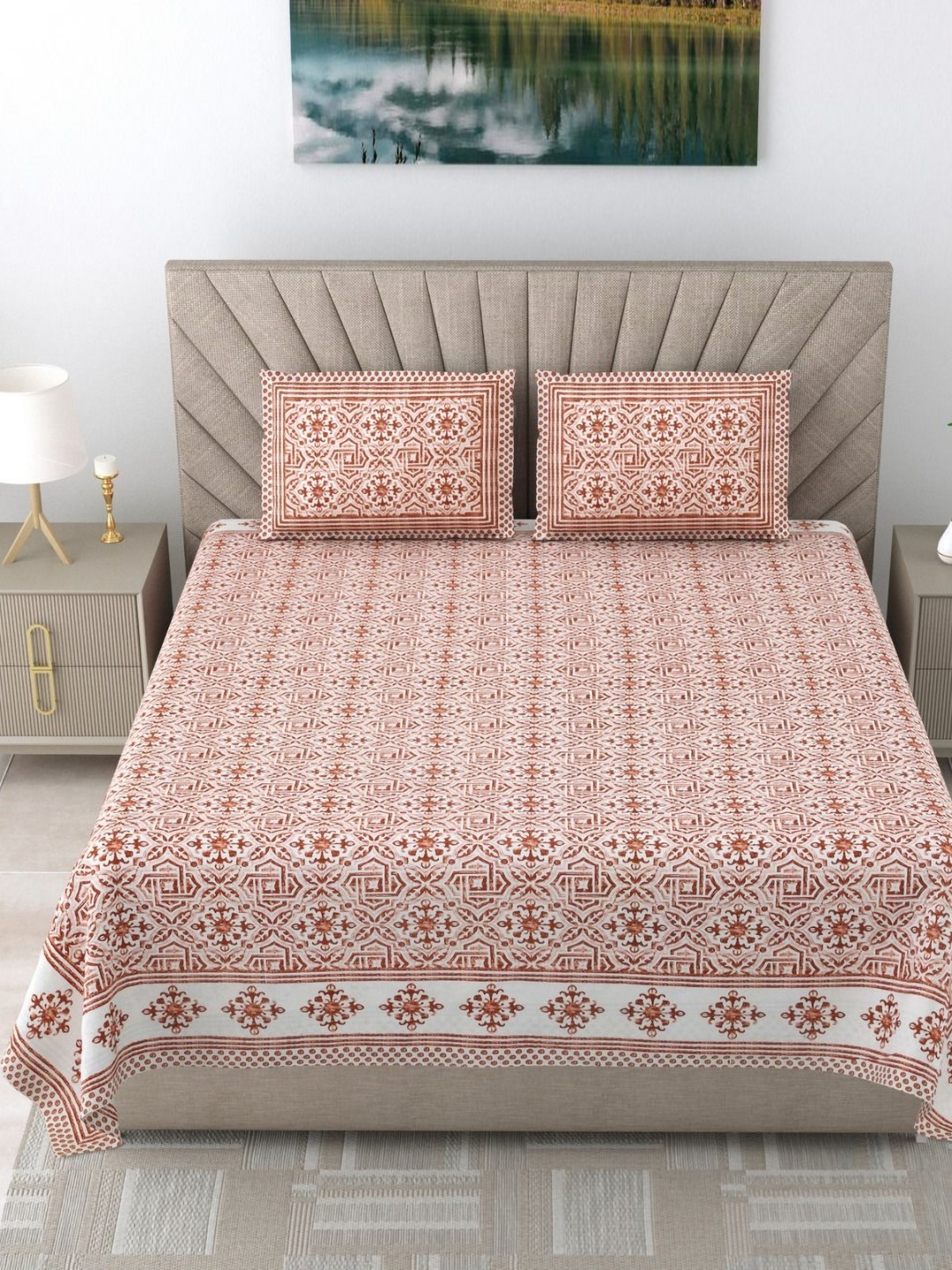 

SHOOLIN Red Ethnic Motifs Printed 160 TC Cotton Super King Bedsheet & 2 Pillow Covers