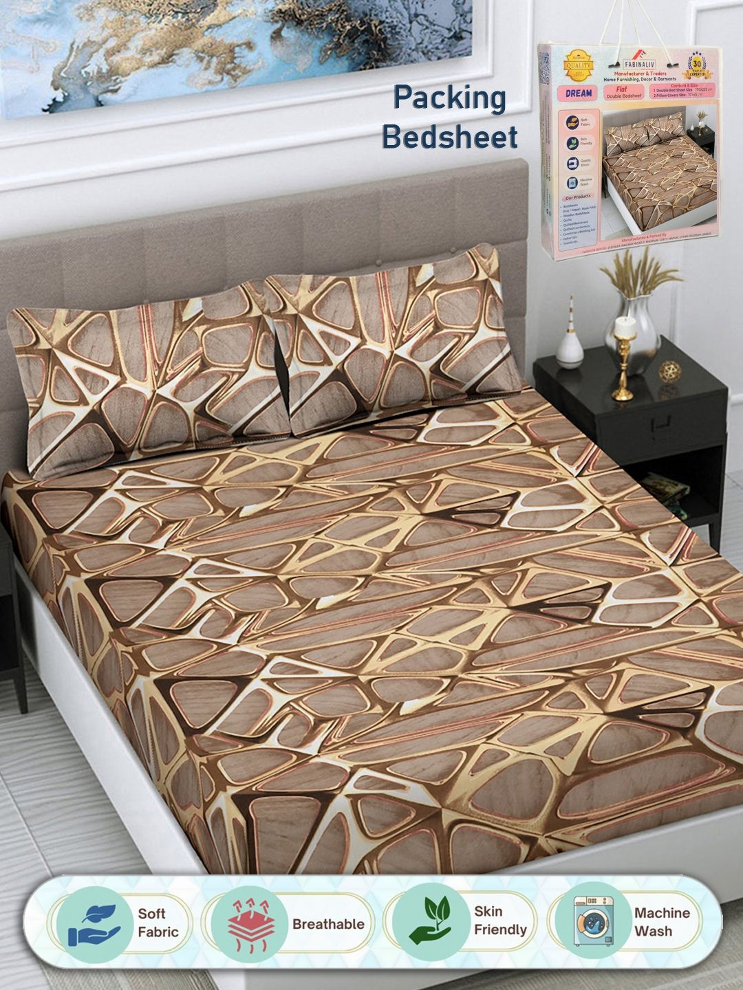 

FABINALIV Brown & Beige Geometric 300 TC King Size Double Bedsheet with 2 Pillow Covers