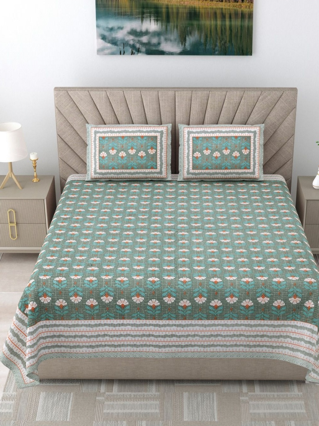 

SHOOLIN Green Ethnic Motifs Printed 160 TC Cotton Super King Bedsheet & 2 Pillow Covers