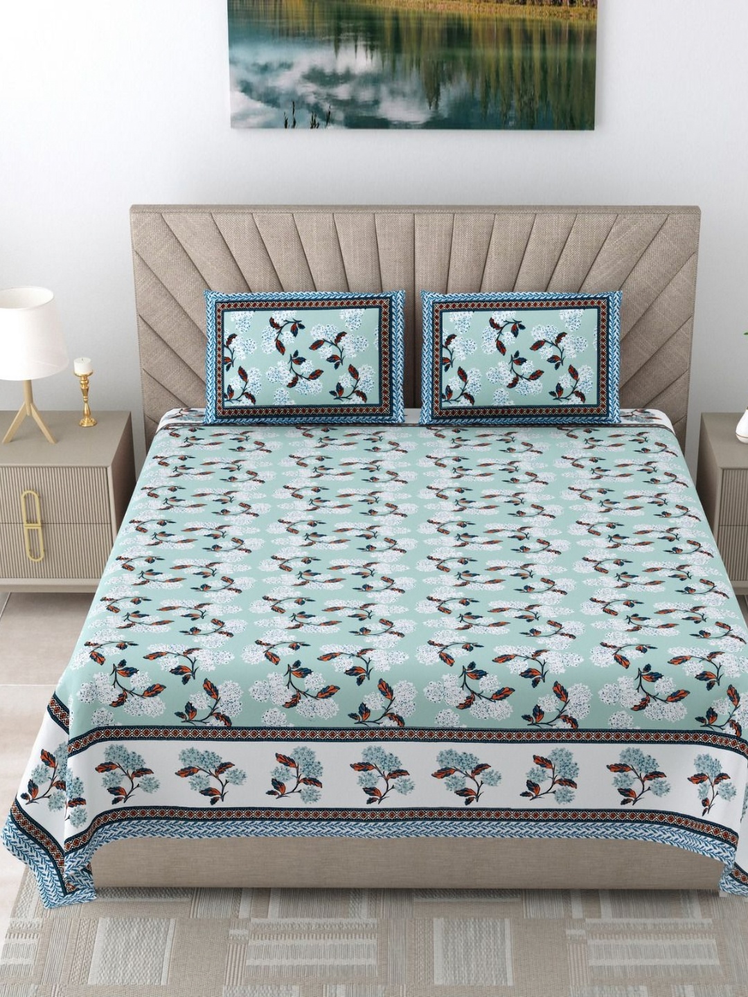 

SHOOLIN Blue Ethnic Motifs Printed 160 TC Cotton Super King Bedsheet & 2 Pillow Covers