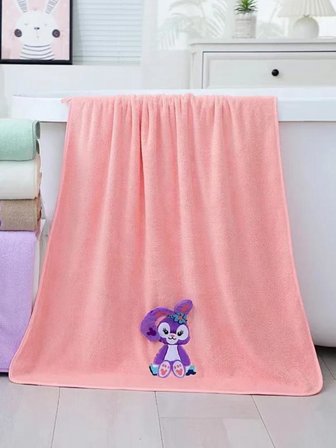 

Butterthief Kids Pink & Purple Bunny Printed Microfiber380 GSM Bath Towel