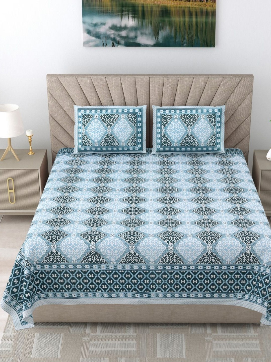 

SHOOLIN Green Ethnic Motifs Printed 160 TC Cotton Super King Bedsheet & 2 Pillow Covers