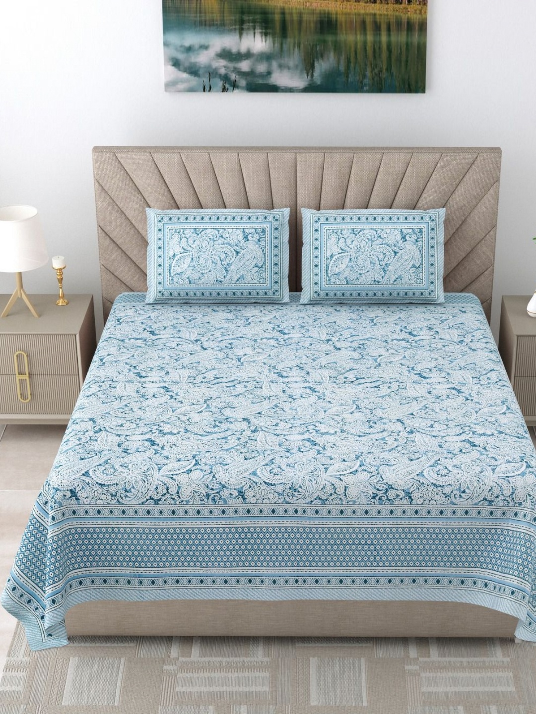 

SHOOLIN Blue Ethnic Motifs Printed 160 TC Cotton Super King Bedsheet & 2 Pillow Covers
