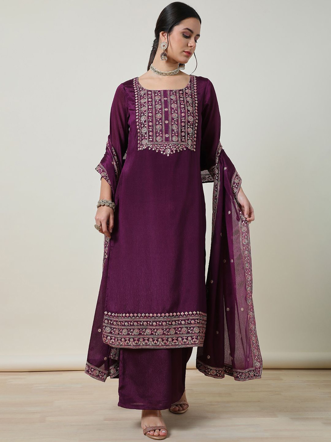 

Soch Women Ethnic Motifs Embroidered Regular Sequinned Kurta with Palazzos & With Dupatta, Maroon