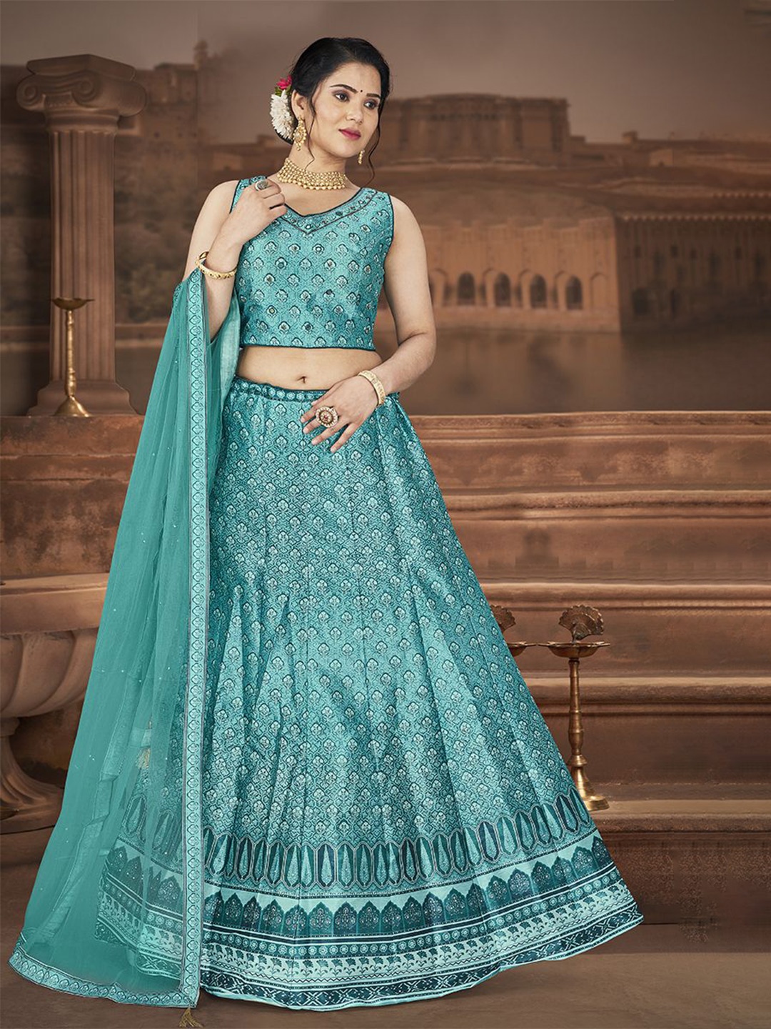 

EthnicTree Printed Beads and Stones Ready to Wear Lehenga & Blouse With Dupatta, Sea green