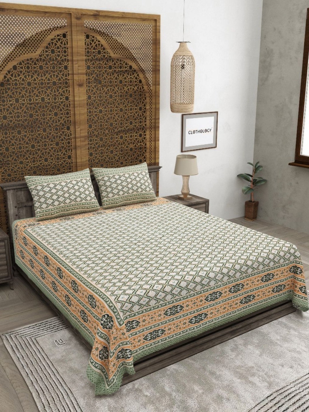 

CLOTHOLOGY Green & White Ethnic Motifs 180 TC Cotton King Bedsheet with 2 Pillow Covers
