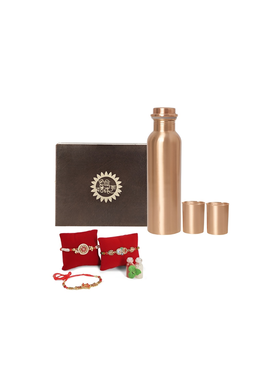 

INTERNATIONAL GIFT Set Of 6 Rakhi With Water Bottle & Glass, Copper