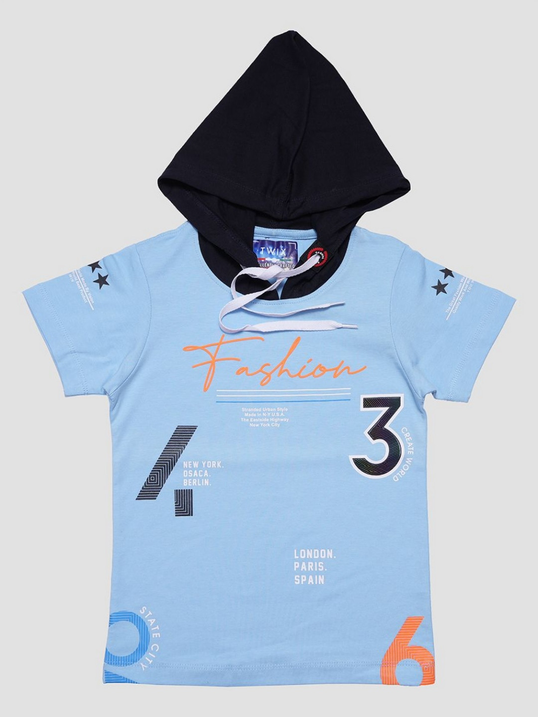 

TWIX Boys Typography Printed Hooded Cotton T-Shirt, Turquoise blue