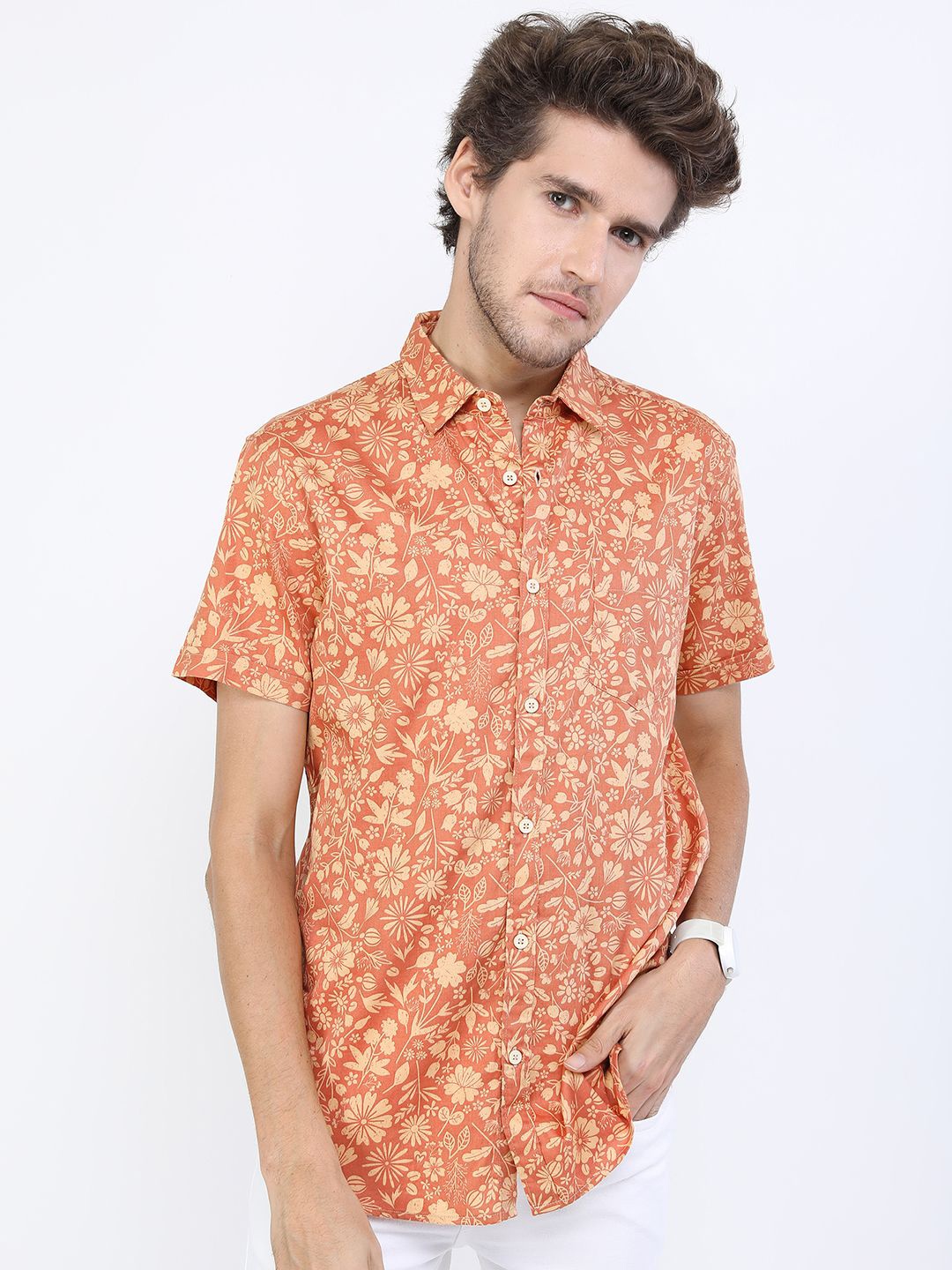 

HIGHLANDER Men Slim Fit Floral Opaque Printed Casual Shirt, Orange