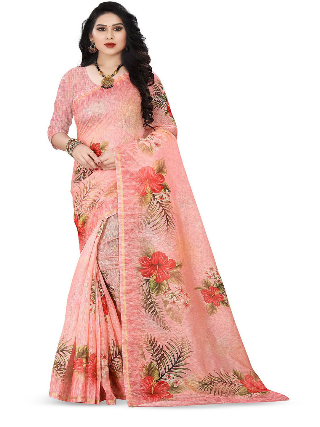 

BAESD Floral Zari Saree, Peach