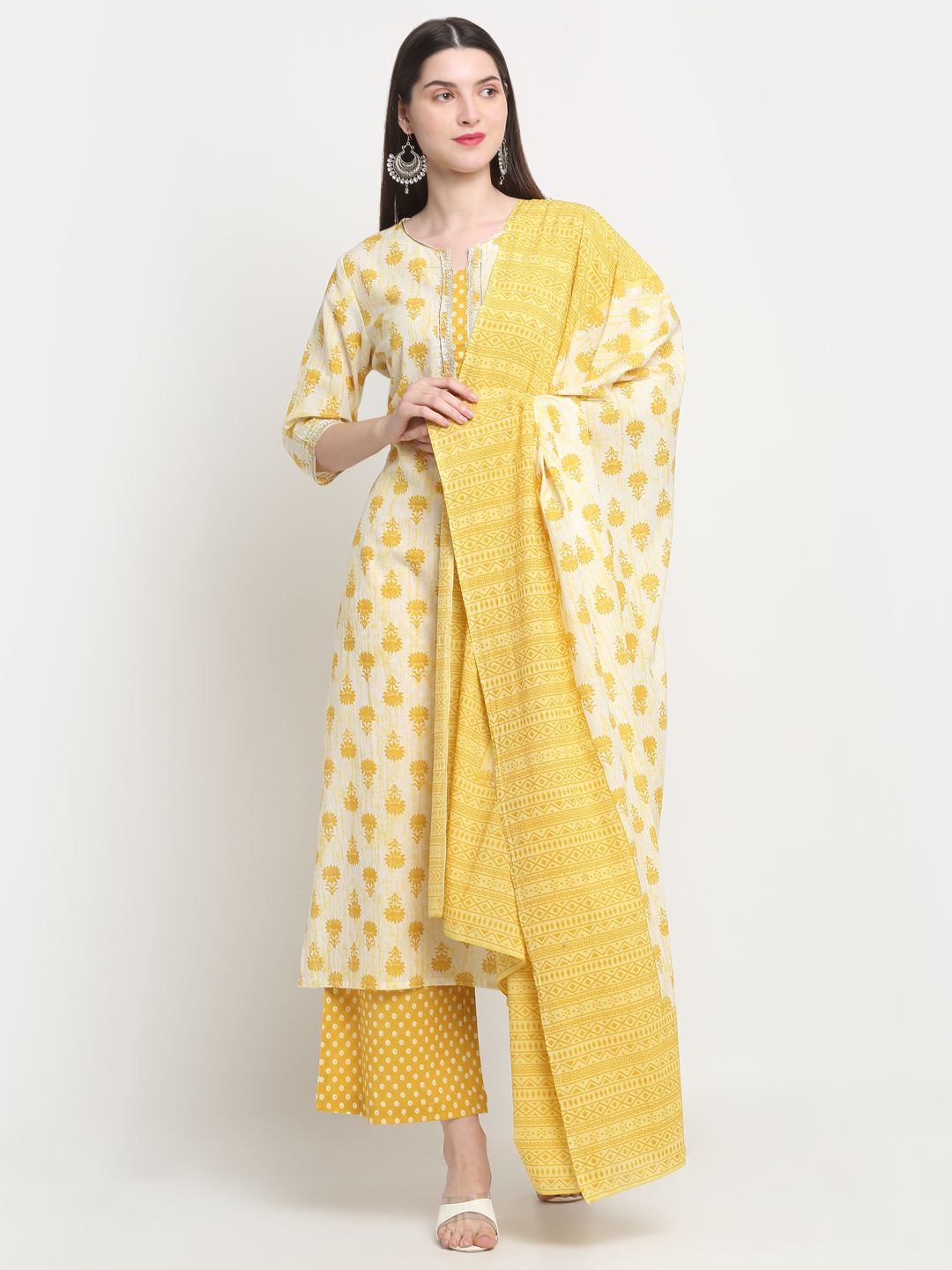 

KALINI Floral Printed Notched Neck Pure Cotton Straight Kurta With Palazzos & Dupatta, Yellow