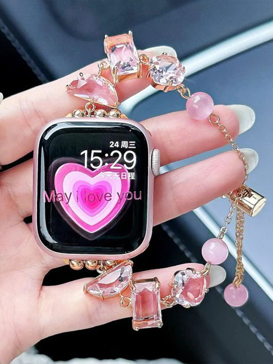

PEEPERLY Luminous Gemstone Bracelet Strap Compatible For Watch, Pink