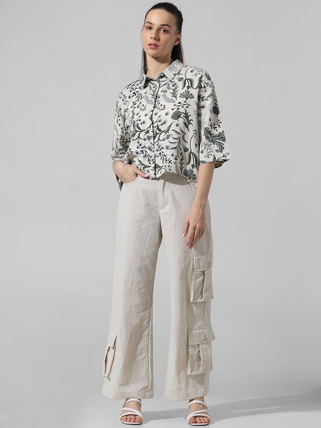 

Ekta Textiles Women Spread Collar Floral Printed Linen Casual Shirt, White