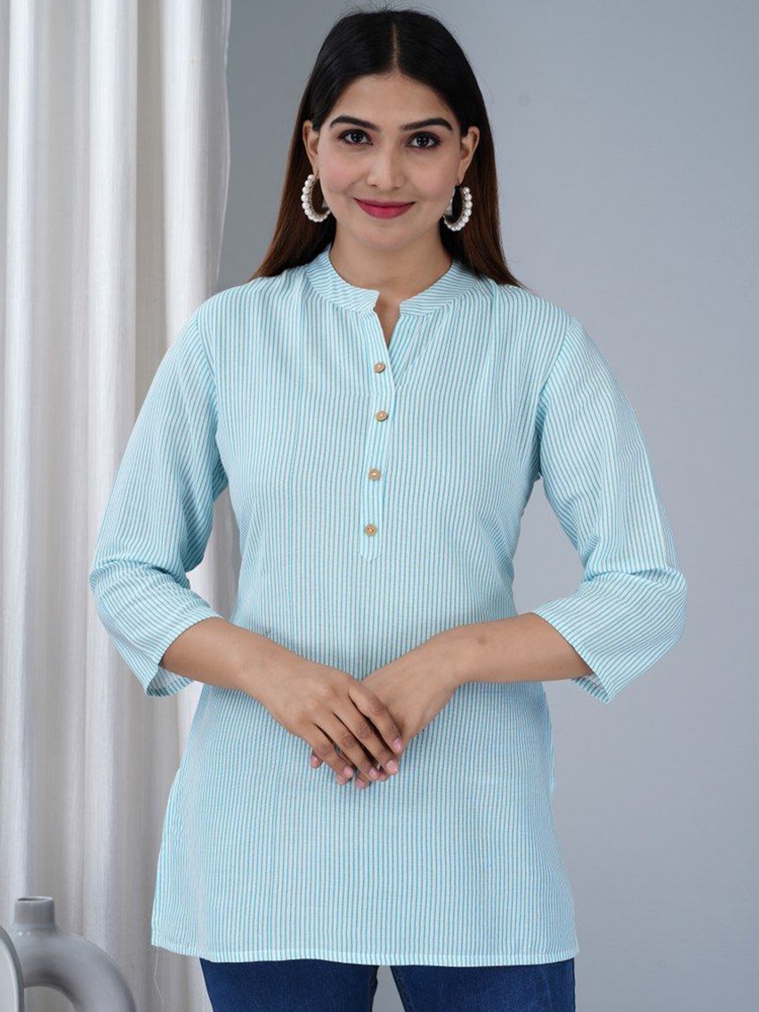 

TANISHA Women Striped Mandarin Collar Top, Blue