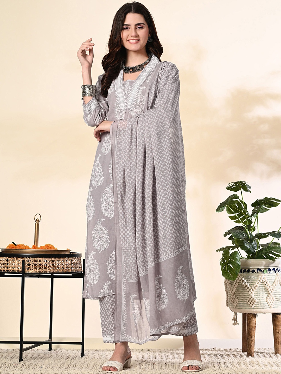 

KALINI Floral Printed Pure Cotton Kurta with Trousers & Dupatta, Grey