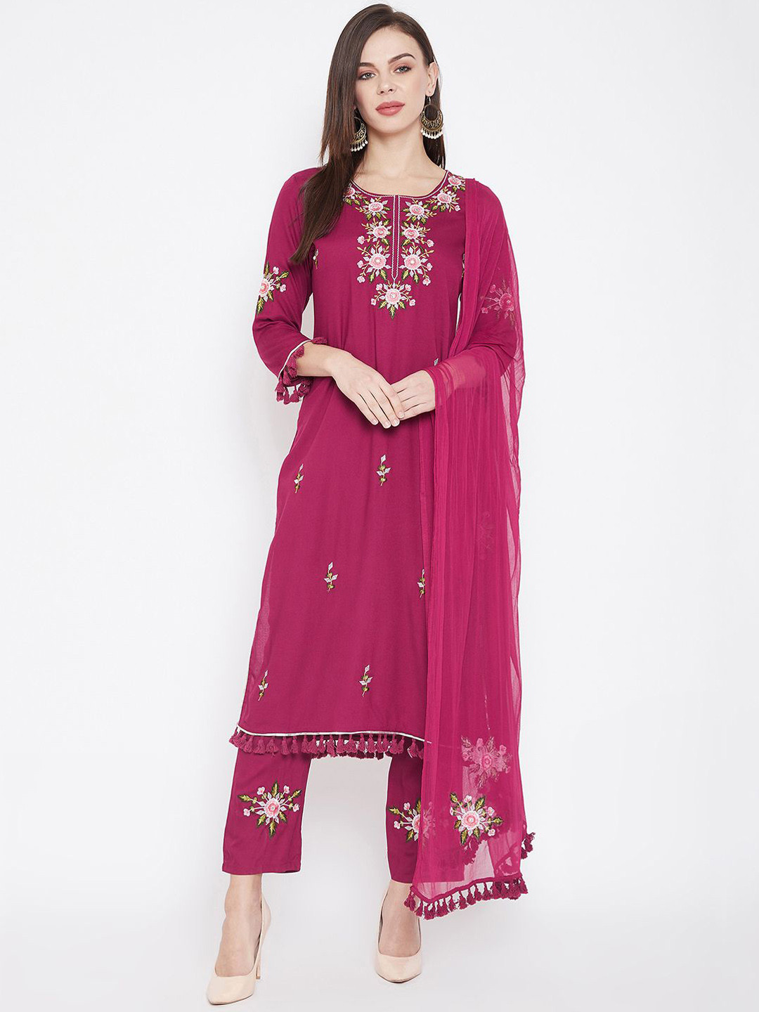 

IndigoFerry Floral Embroidered Thread Work Straight Kurta With Trousers & Dupatta, Maroon
