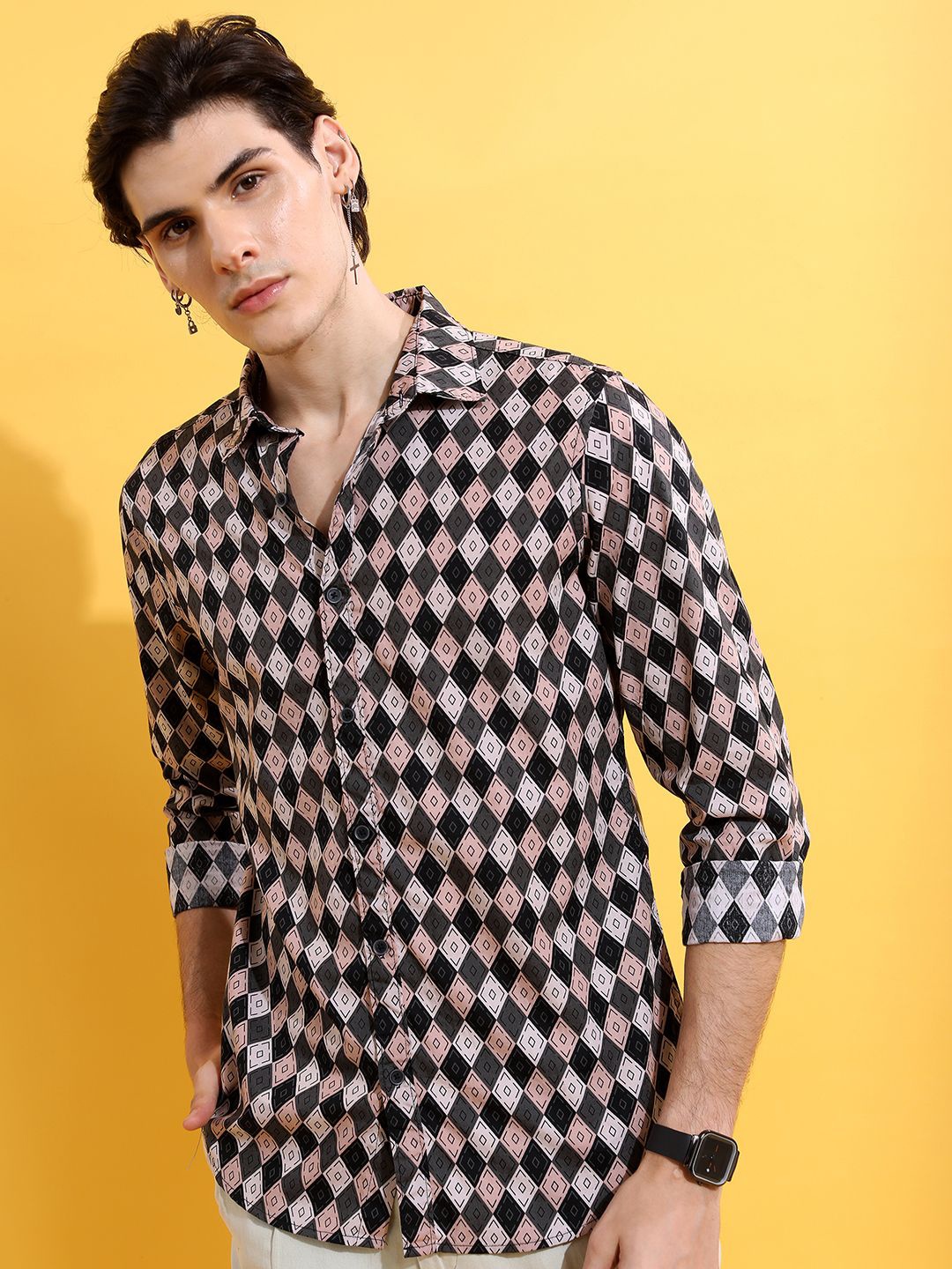 

HIGHLANDER Men Slim Fit Opaque Printed Casual Shirt, Pink
