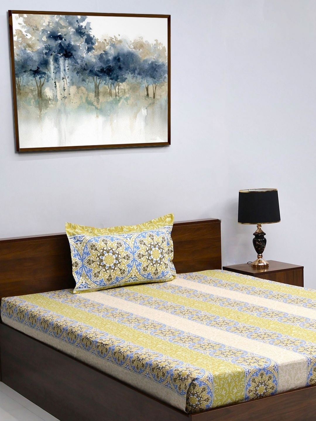 

BOMBAY DYEING Blumen Olive Green & Blue Floral 104TC Pure Cotton Single Bedsheet Set