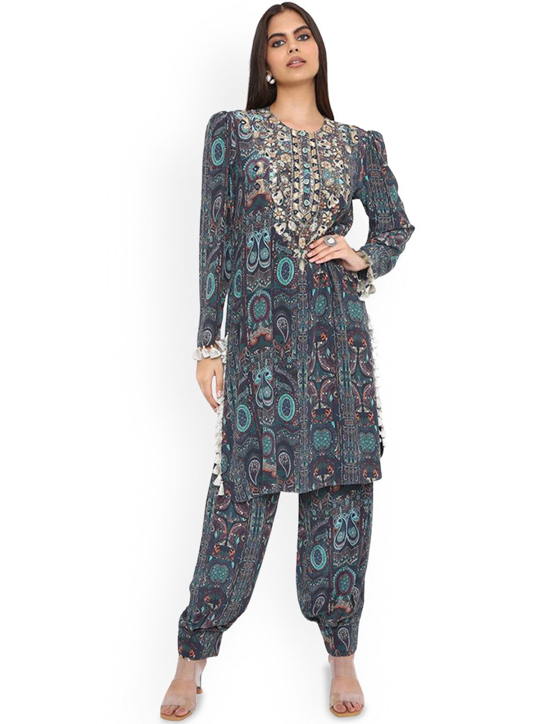 

Payal Singhal Floral Printed Round Neck Straight Kurta with Dhoti Pants, Black