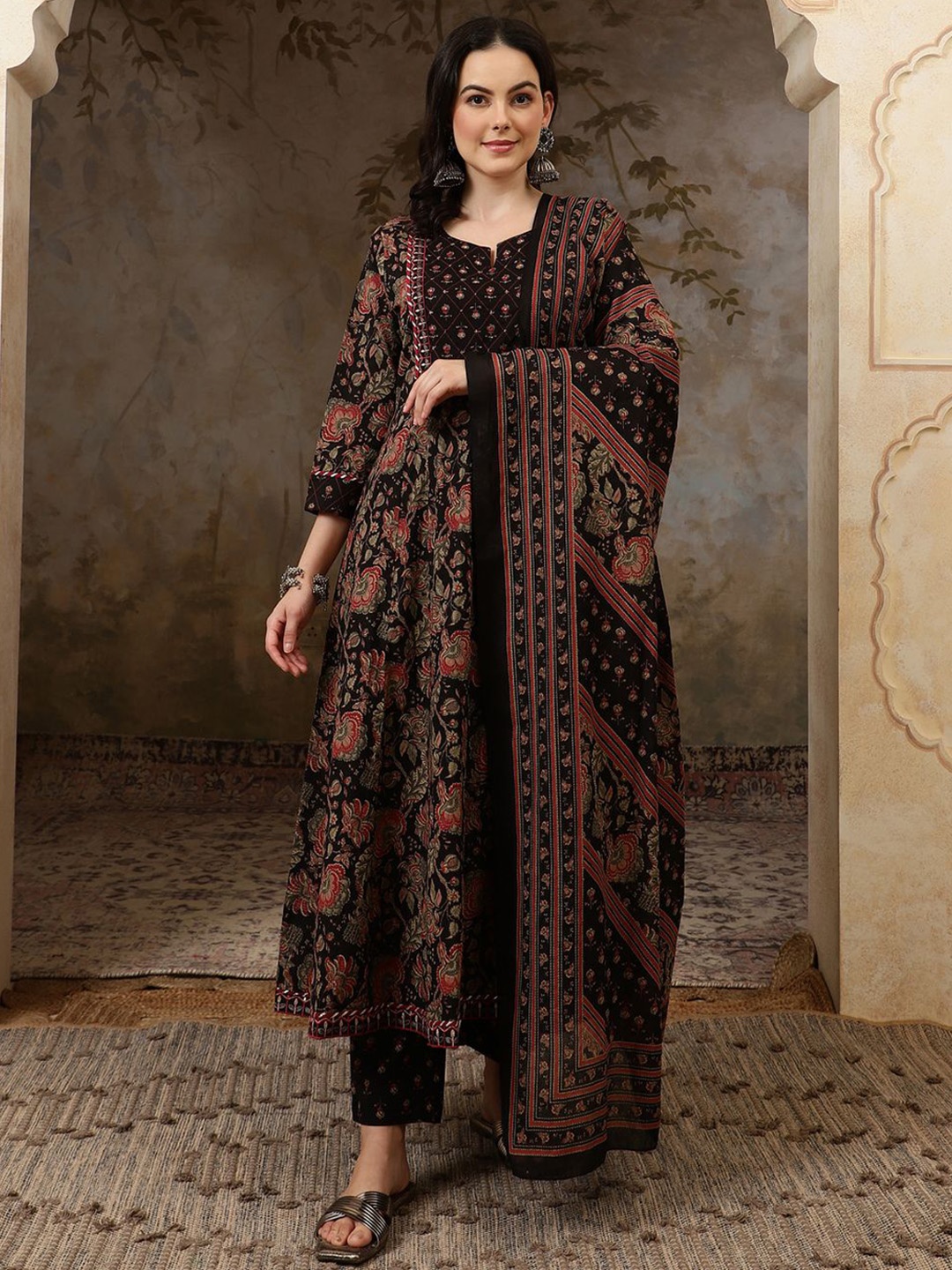 

BANDIA Floral Printed Beads and Stones Pure Cotton Anarkali Kurta with Trousers & Dupatta, Black