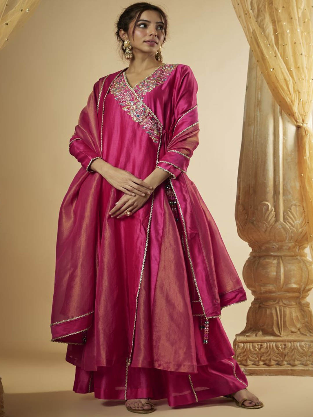 

The Aarya Floral Yoke Design Angrakha Beads & Stones A-Line Kurta With Palazzos & Dupatta, Pink