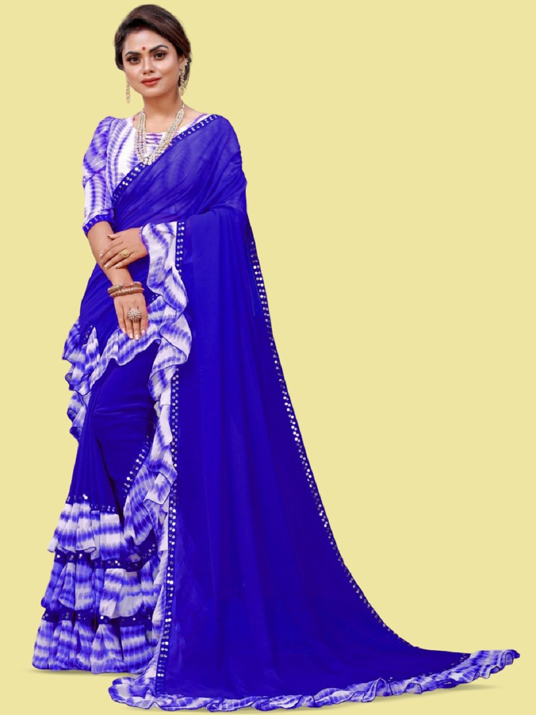 

APNISHA Tie and Dye Sequinned Pure Georgette Saree, Blue