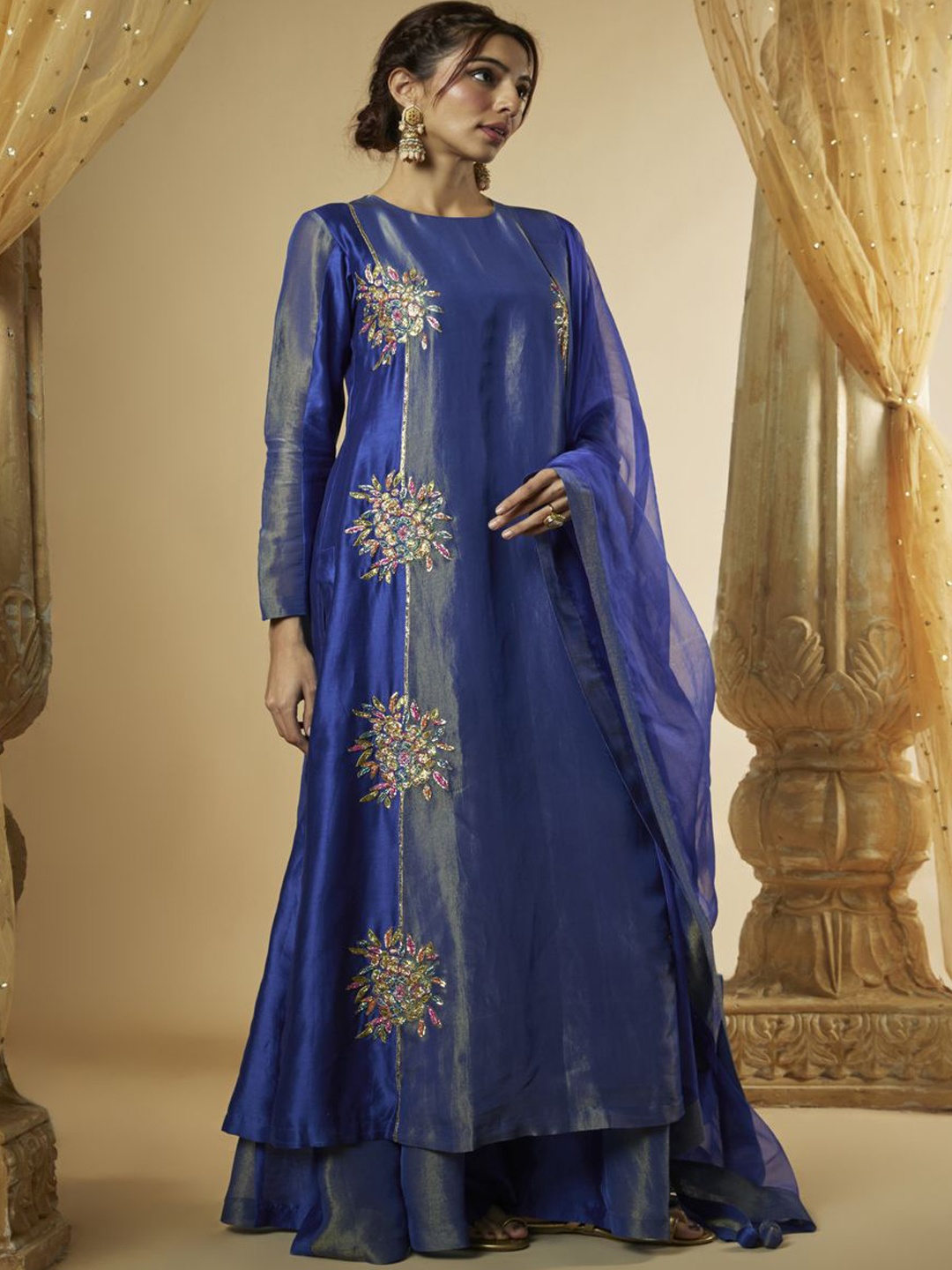 

The Aarya Floral Embroidered Zardozi A-Line Kurta With Palazzos & Dupatta, Blue