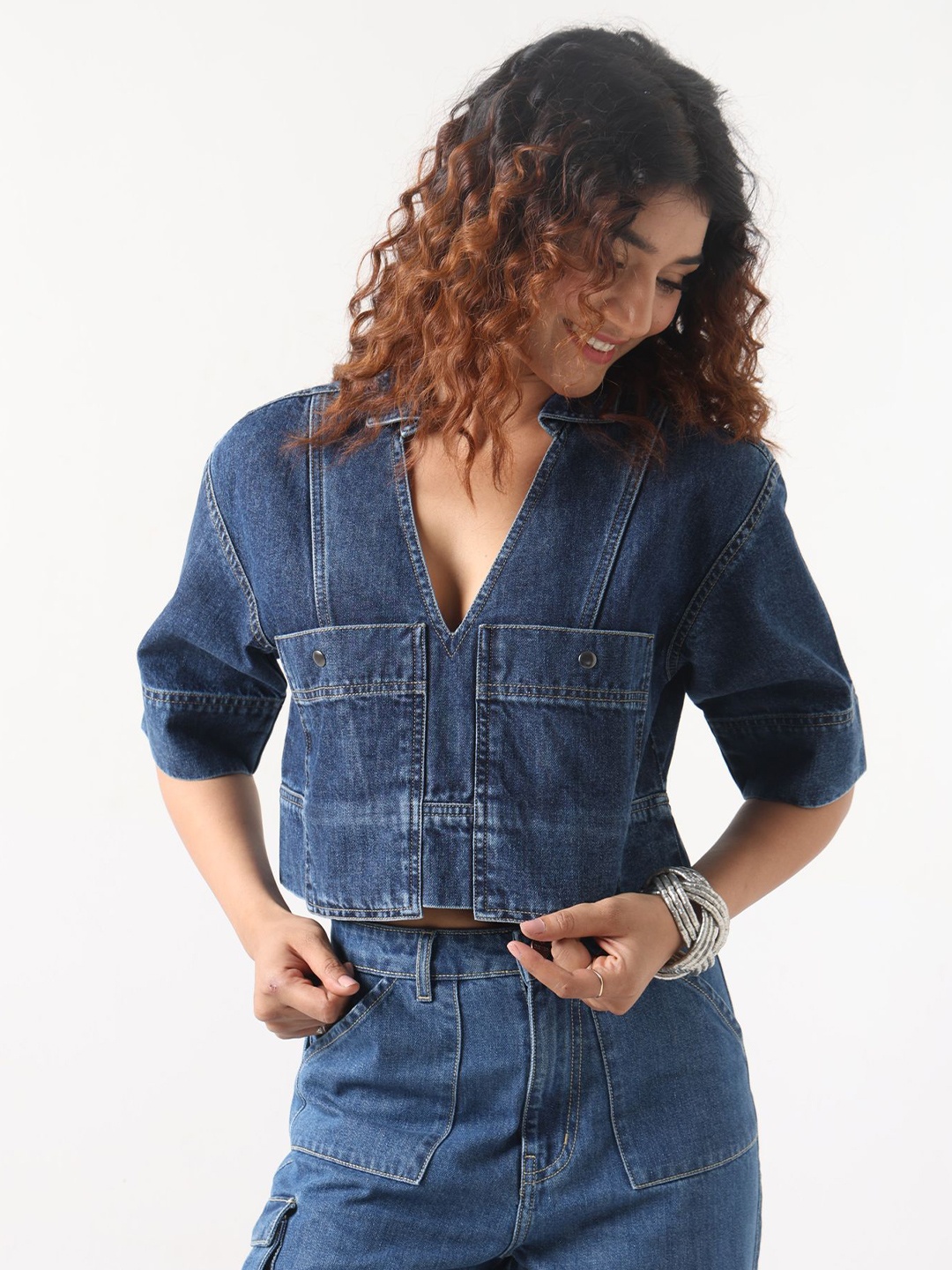 

DAYER Mandarin Collar Cotton Denim Shirt Style Top, Blue