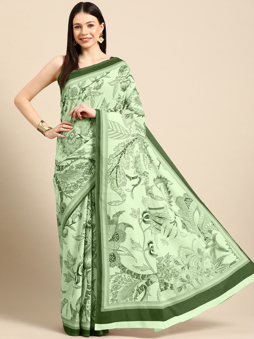 

BUTA BUTI Floral Pure Cotton Saree, Green