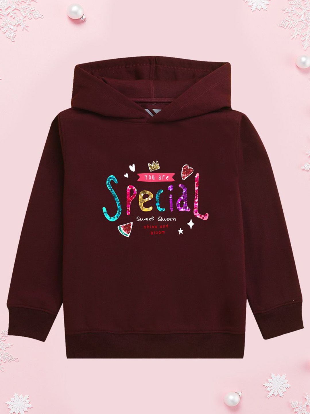 

NUSYL Girls Typography Printed Hooded Sweatshirt, Burgundy