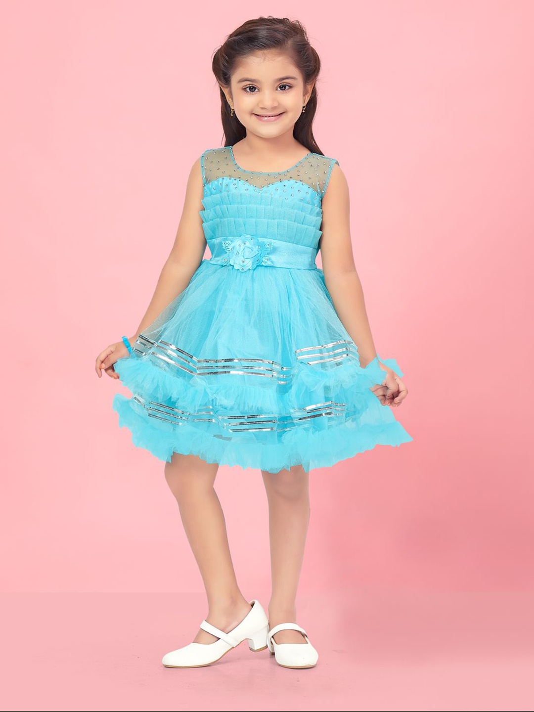 

BAESD Girls Embellished Net Fit & Flare Dress, Turquoise blue