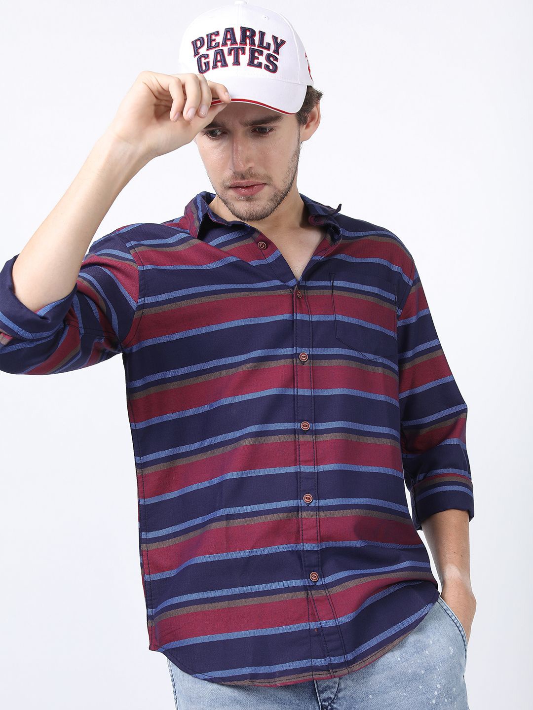 

HIGHLANDER Men Slim Fit Multi Stripes Opaque Striped Casual Shirt, Navy blue