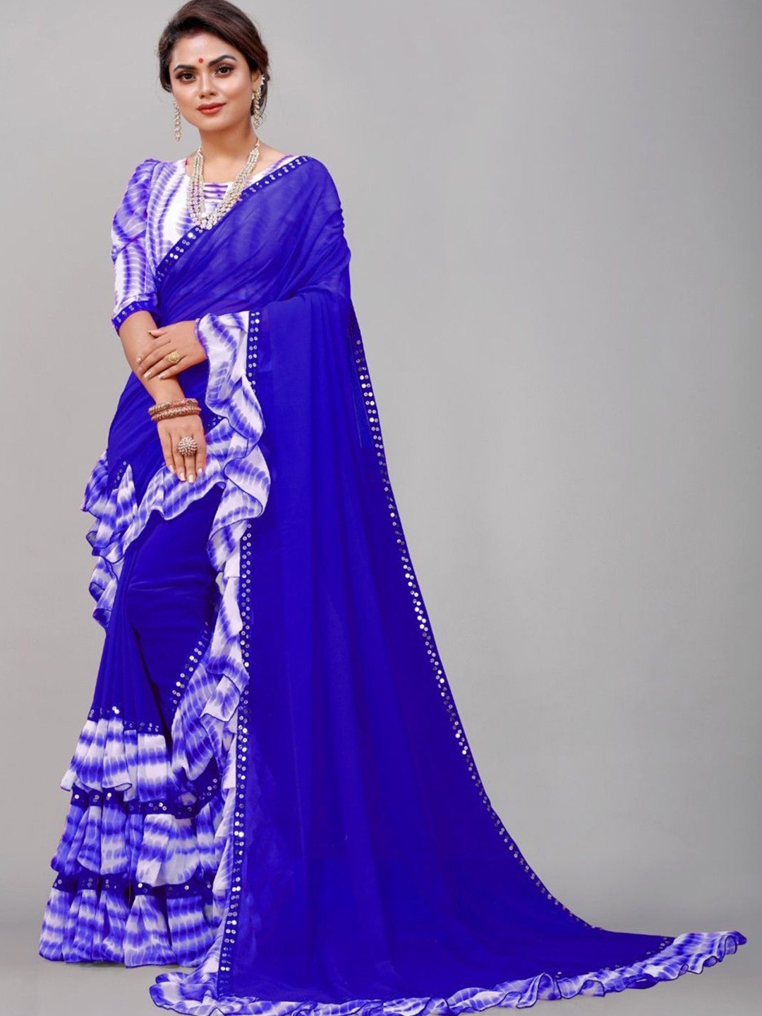 

JULEE Tie and Dye Sequinned Pure Georgette Saree, Blue