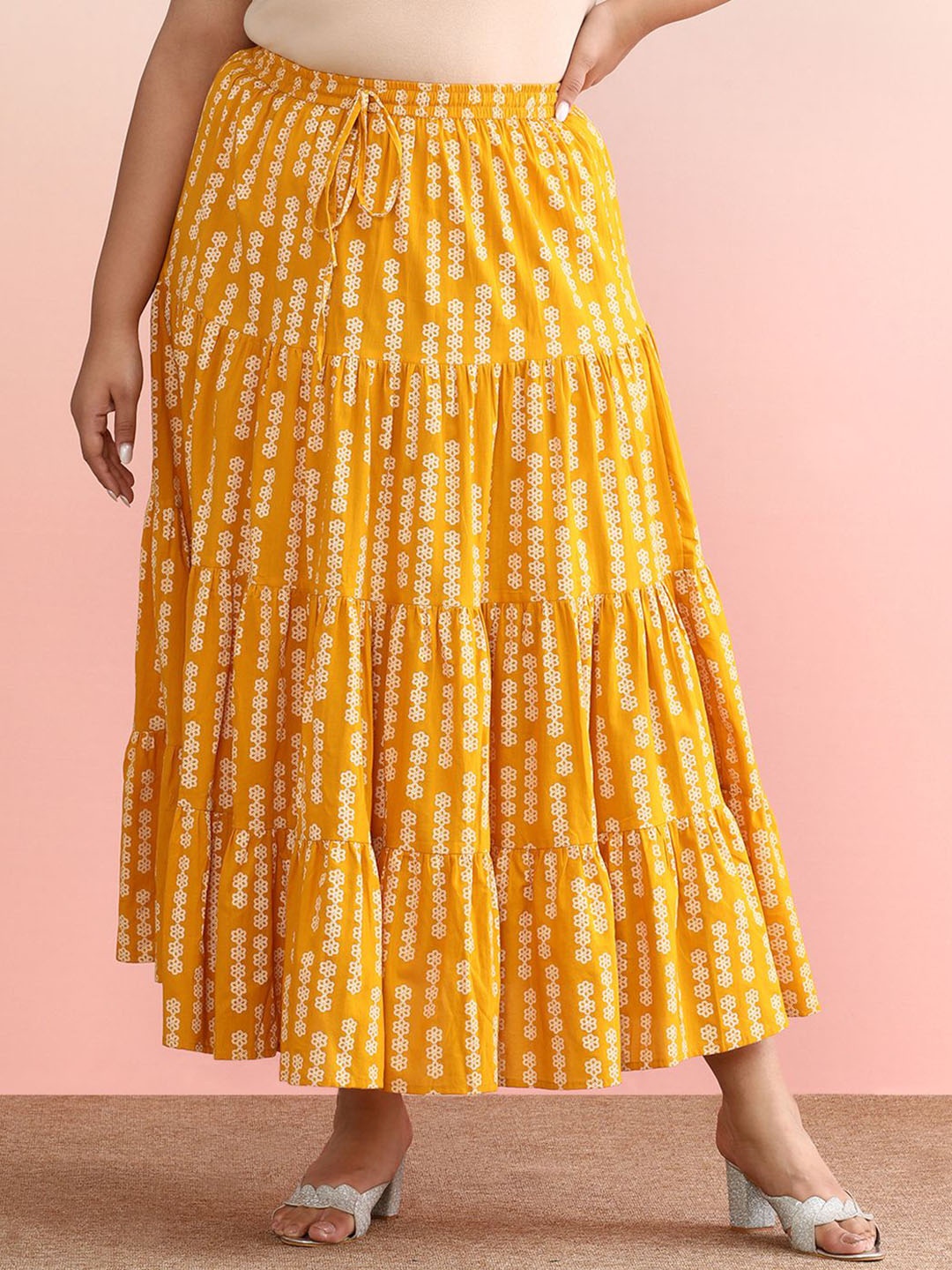 

anayna Printed Cotton Tiered Plus Size Maxi Skirts, Yellow