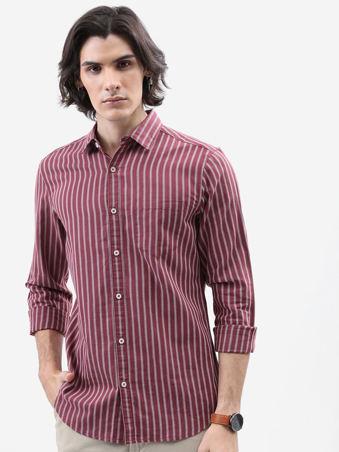 

HIGHLANDER Men Slim Fit Opaque Striped Casual Shirt, Burgundy