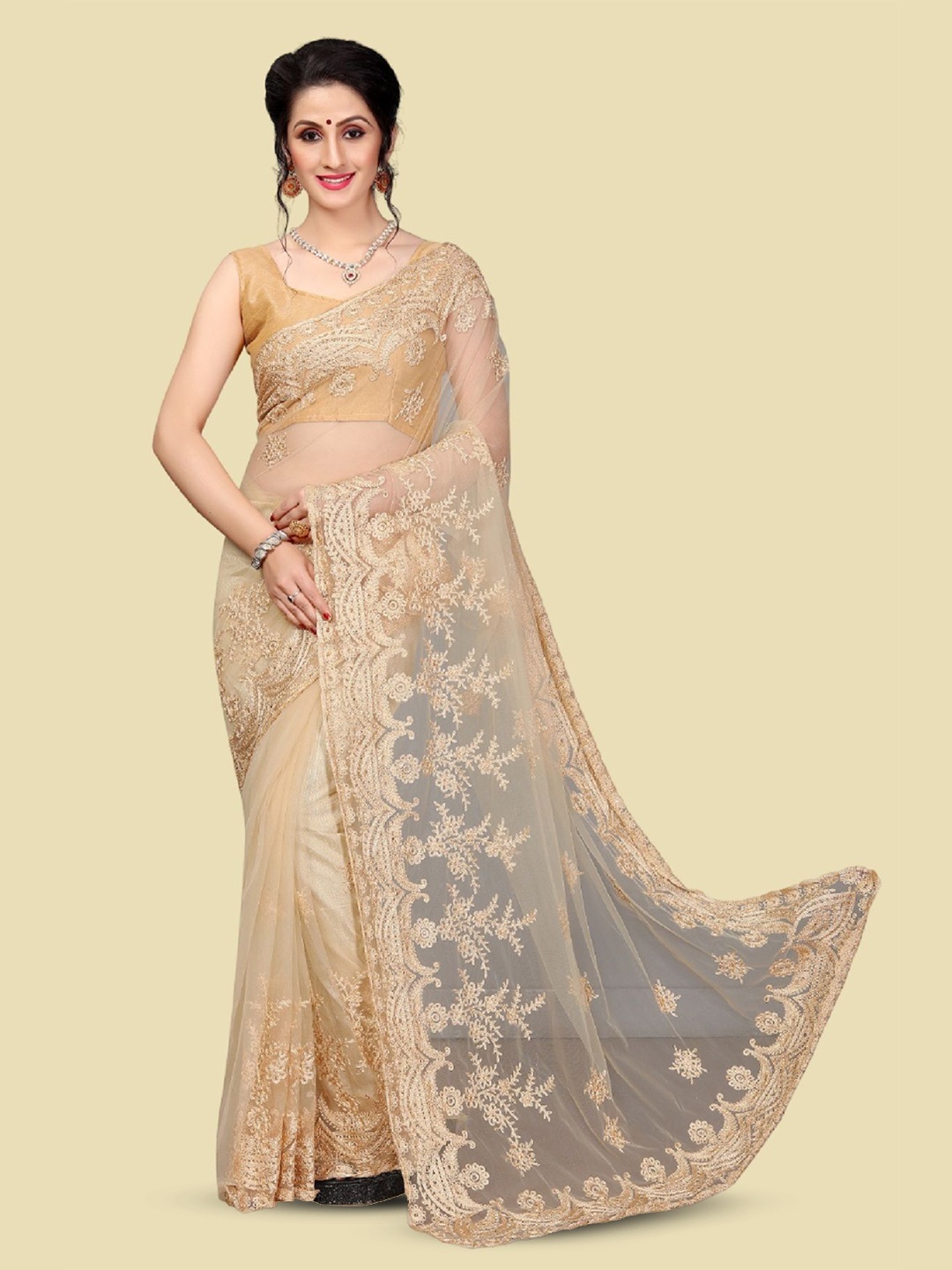 

APNISHA Ethnic Motifs Embroidered Net Saree, Cream