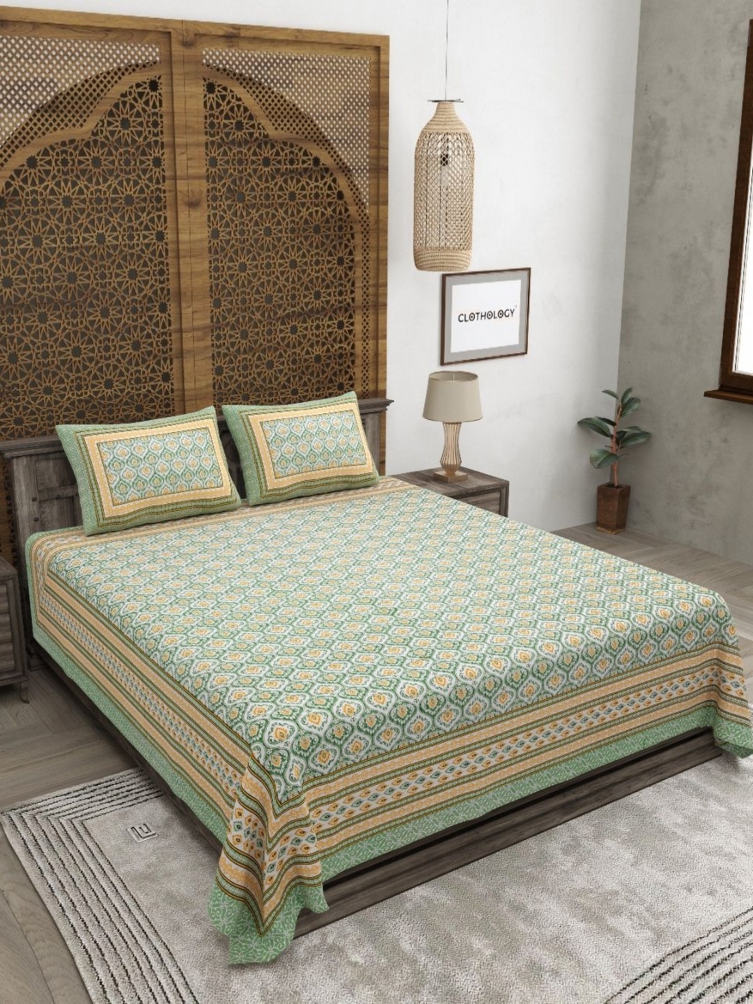 

CLOTHOLOGY Green & White Ethnic Motifs 180 TC Cotton King Bedsheet with 2 Pillow Covers