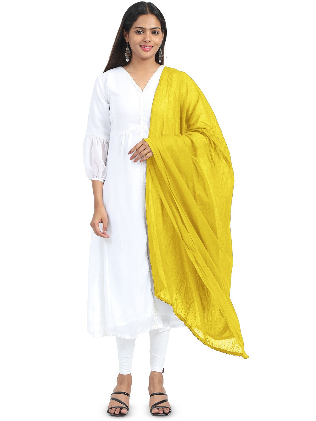 

MIRAAN Cotton Dupatta with PomPom Border, Yellow