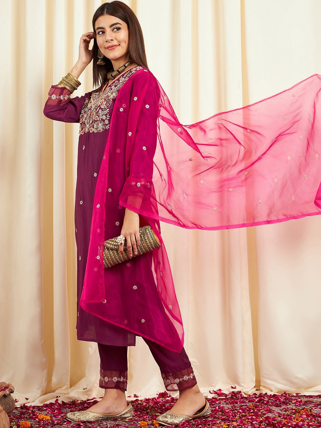 

Sangria Floral Embroidered Sequinned Pure Silk Straight Kurta With Trouser & Dupatta, Purple