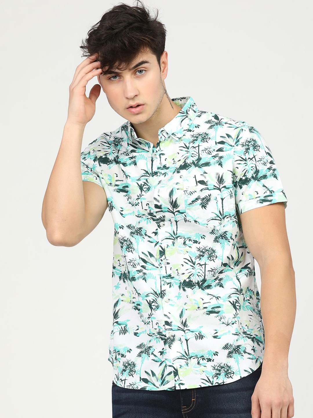 

HIGHLANDER Men Slim Fit Floral Opaque Printed Casual Shirt, White